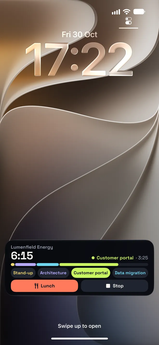 The Timla Live Activity on the Lock Screen: 6:15 for Lumenfield Energy, a coloured bar per project, project chips, and Lunch and Stop buttons