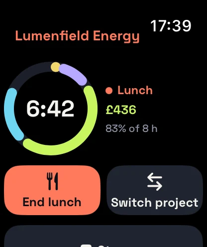 Timla on Apple Watch at lunch: the ring at 6:42 with Lunch in coral, End lunch and Switch project buttons