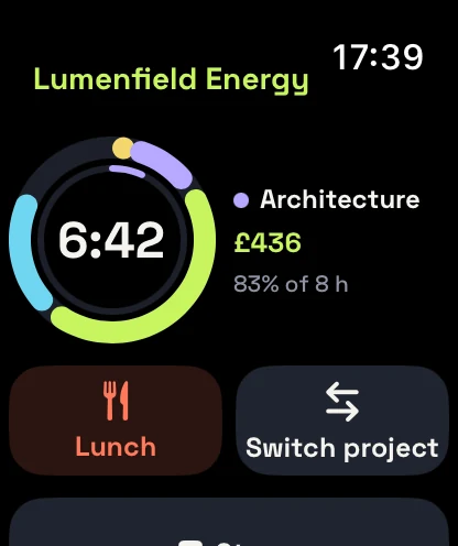 Timla on Apple Watch: the day ring at 6:42, Architecture running, Lunch and Switch project buttons